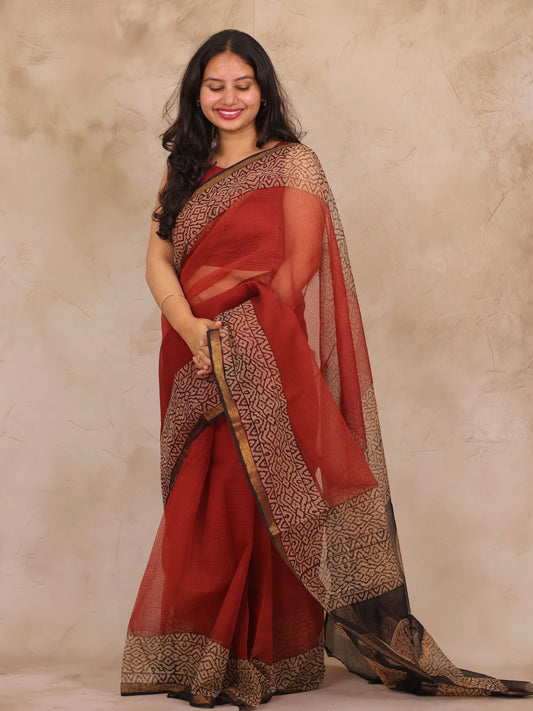 Maroon Pure Kota Doria Saree with Bagru Handblock Prints | Looms & Tassels