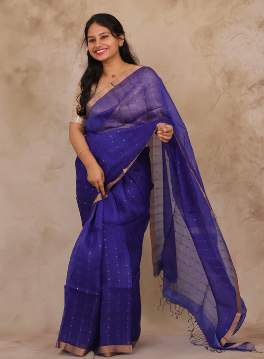 Blue Handwoven Muslin Silk Saree With Sequence Work | Looms & Tassels