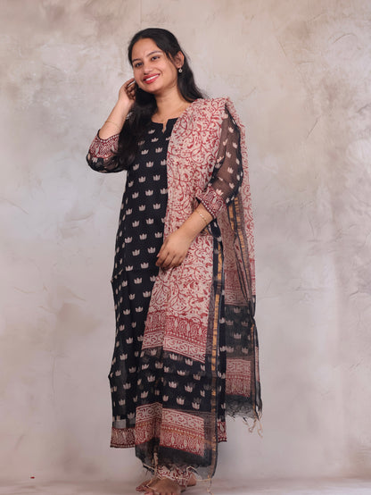 Black Handblock printed kota 3 piece suit (stitched)