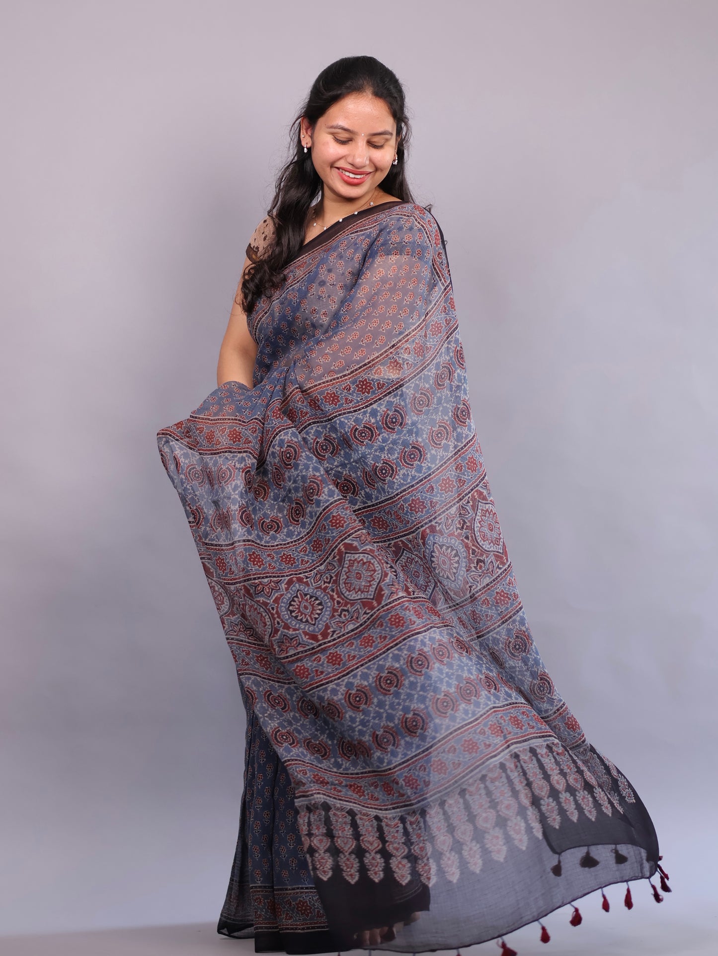 Indigo Ajrakh Hand Block Printed Kota Doria Saree | Looms & Tassels