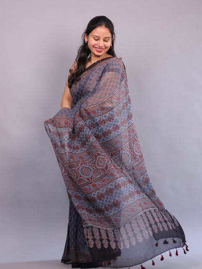 Indigo Ajrakh Hand Block Printed Kota Doria Saree | Looms & Tassels