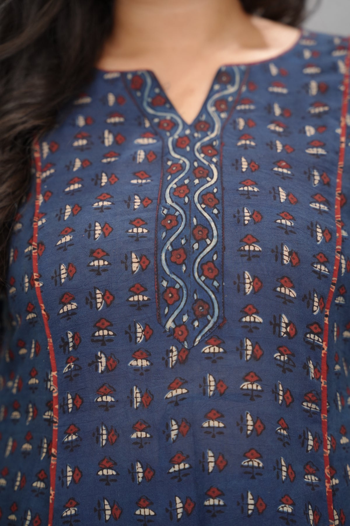 Indigo Ajrakh Handblock Printed Kali Kurta with Chudi Sleeves
