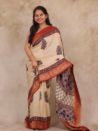 Cream Dotted Floral Ajrakh Handblock printed Dola Silk Saree | Looms & Tassels