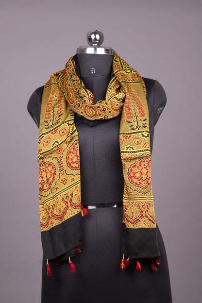 Mustard Ajrakh Hand Block Printed Modal Silk Stole | Looms & Tassels