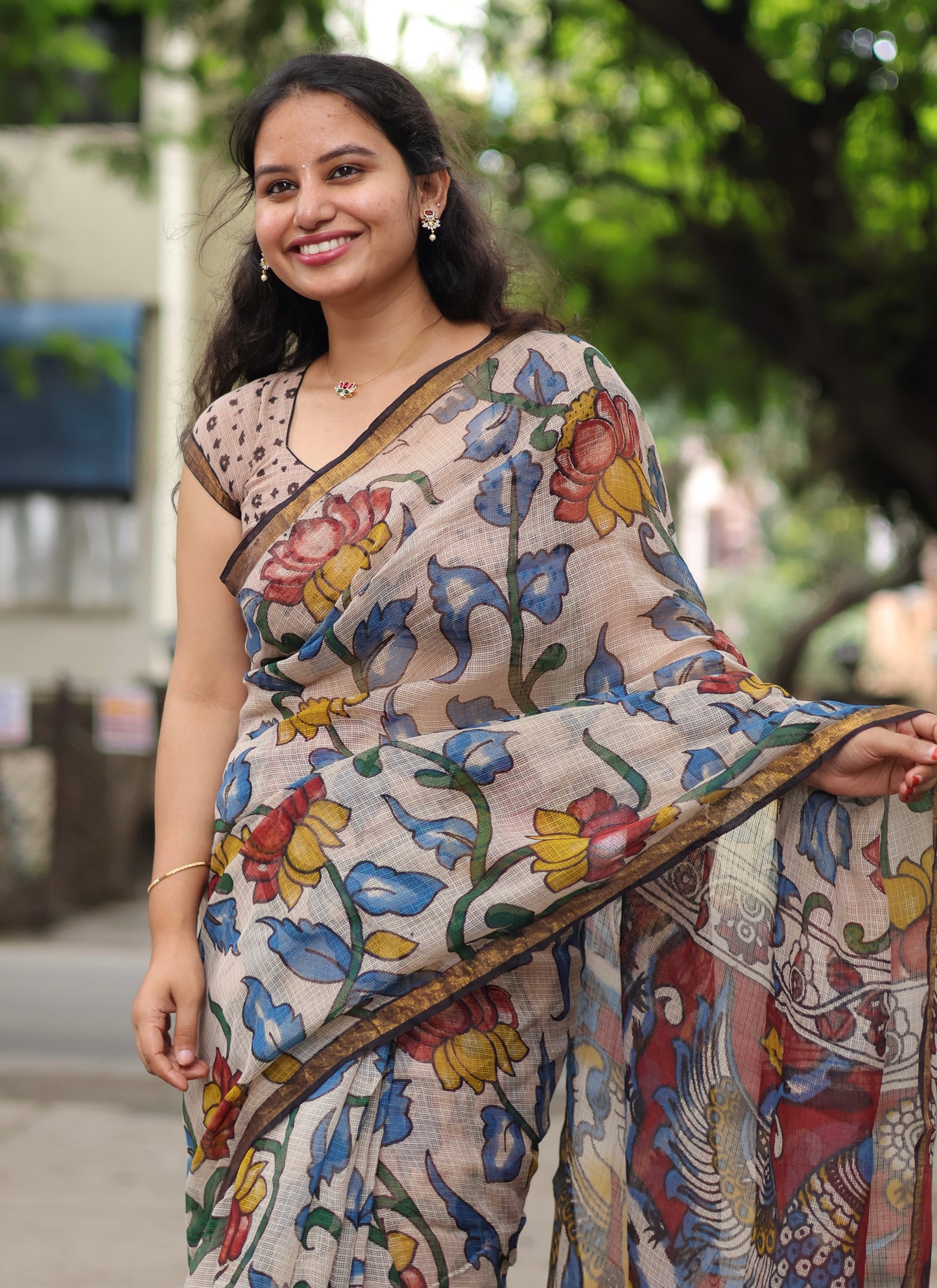 Lotus Kalamkari printed Kota Doriya Saree