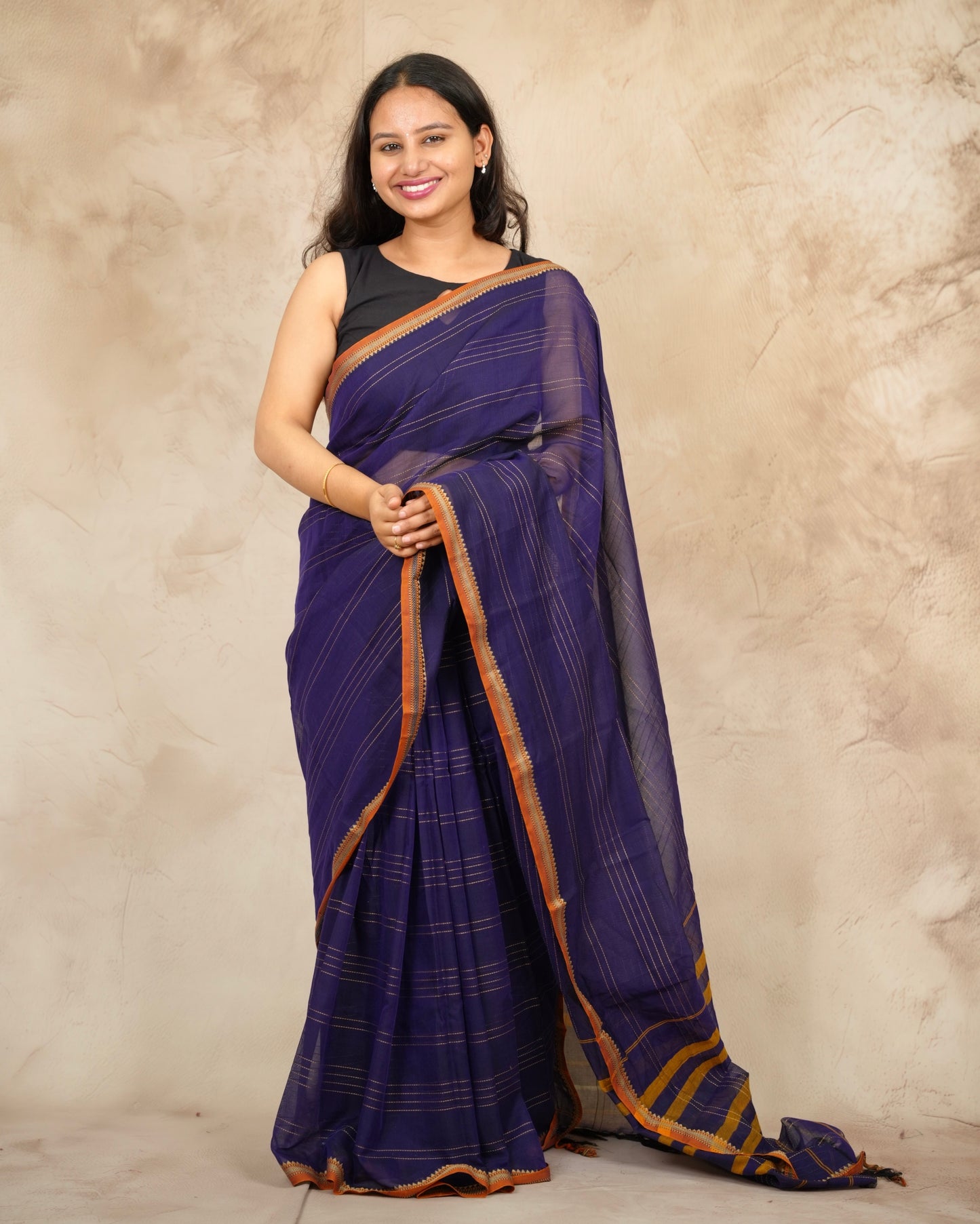 Dark Blue Narayanpet Cotton Saree lines weaving | Looms & Tassels