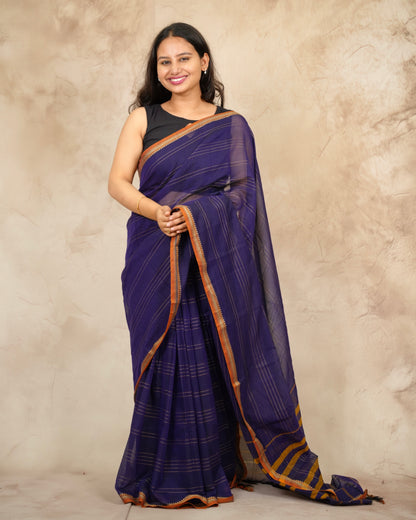 Dark Blue Narayanpet Cotton Saree lines weaving | Looms & Tassels