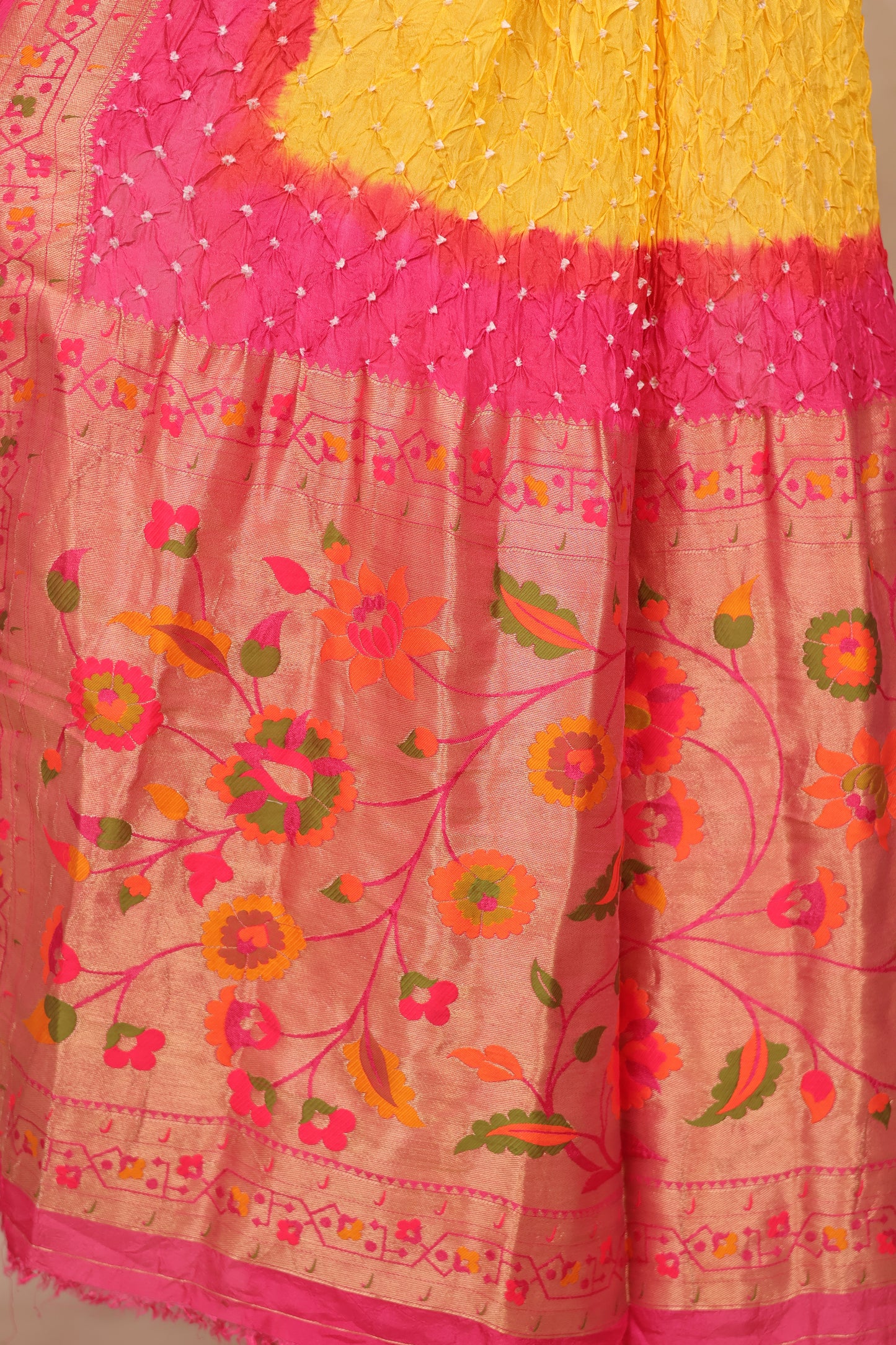 Pink & Yellow Handcrafted Bandhani Paithani Dola Silk Saree | Looms & Tassels