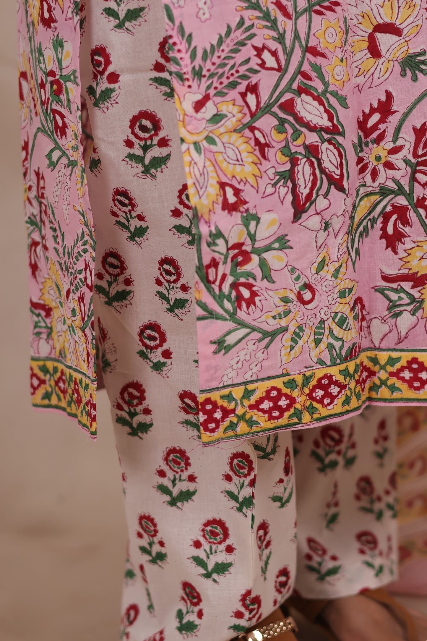Pastel Pink Handblock printed Pure Mul Cotton with Kota Doria Duppata 3 piece suit (stitched)