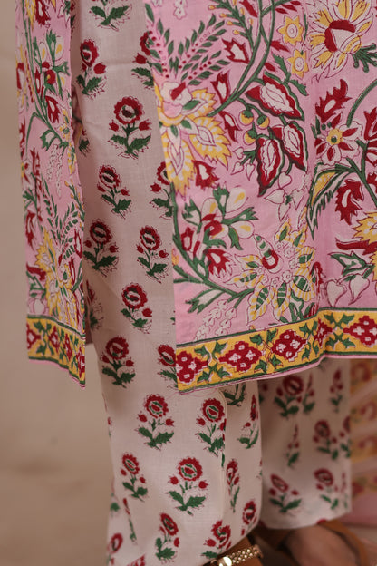 Pastel Pink Handblock printed Pure Mul Cotton with Kota Doria Duppata 3 piece suit (stitched)