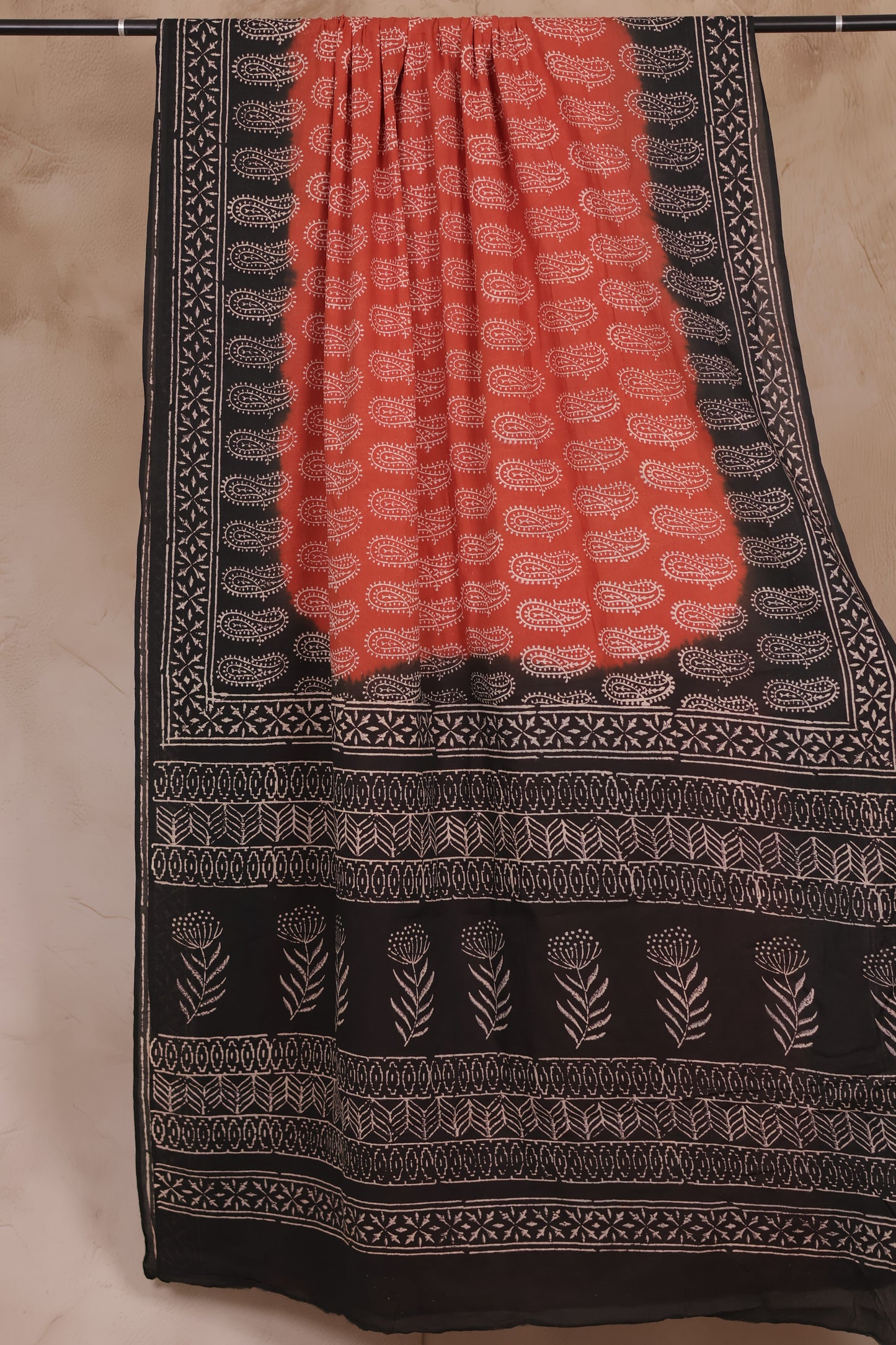 Elephant Grey & Rust Orange Bagru Handblock printed MulMul cotton saree | Looms & Tassels
