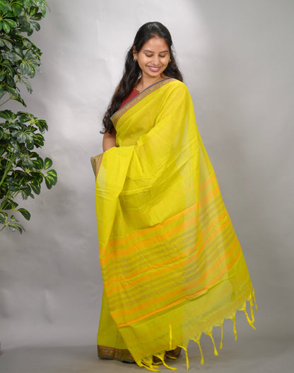 Lemon Green Narayanpet Cotton Saree | Looms & Tassels