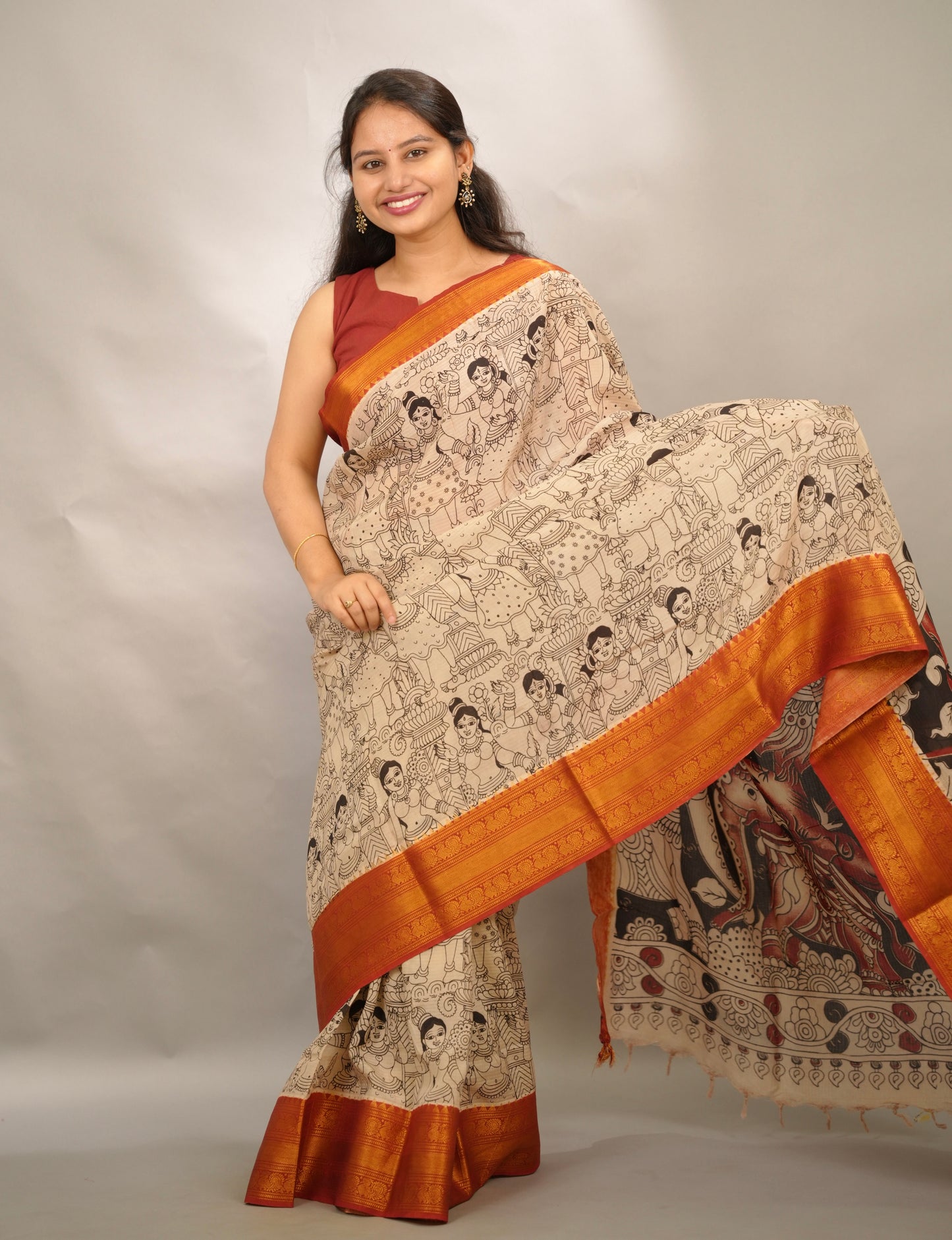 Cream Outline Kanchi border Kalamkari Chennur Silk Saree | Looms & Tassels