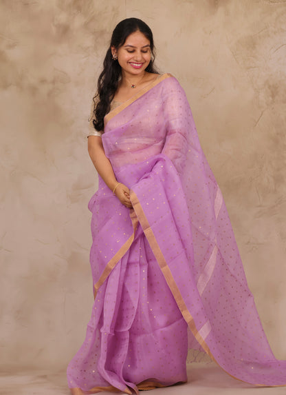 Pastel Lavender Handwoven Muslin Silk Saree With Sequence Work | Looms & Tassels