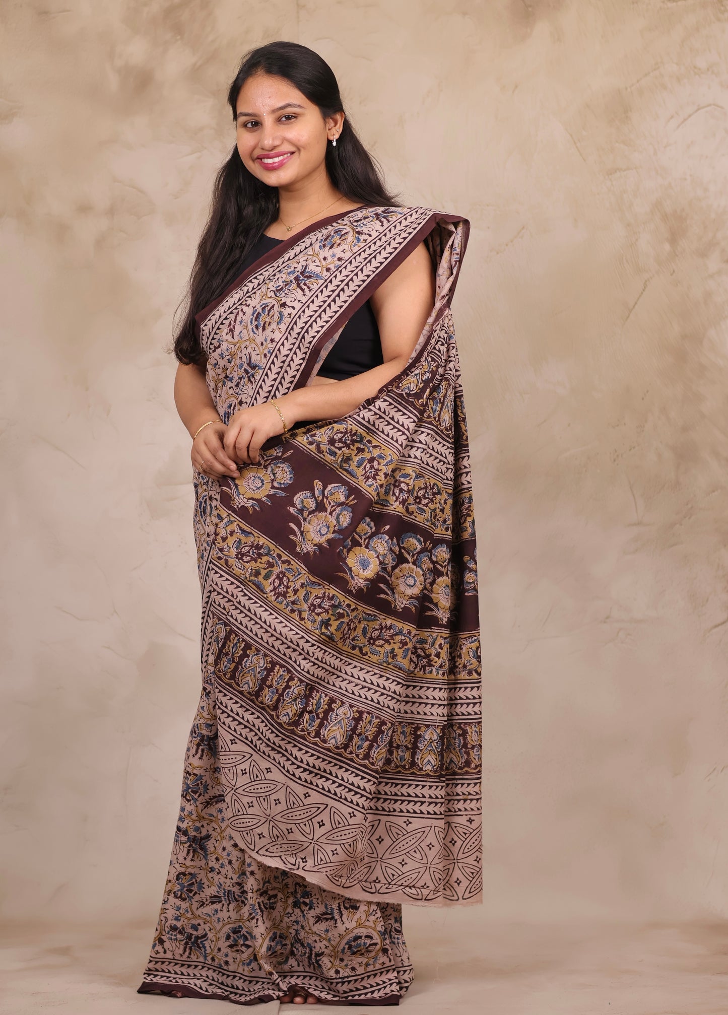 Cream Hand Block Printed Kalamkari Cotton Saree | Looms & Tassels