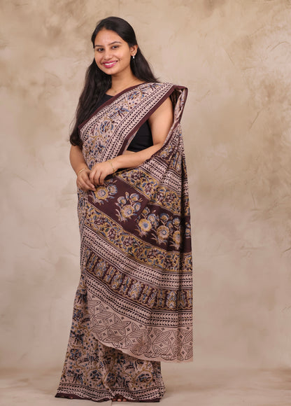 Cream Hand Block Printed Kalamkari Cotton Saree | Looms & Tassels