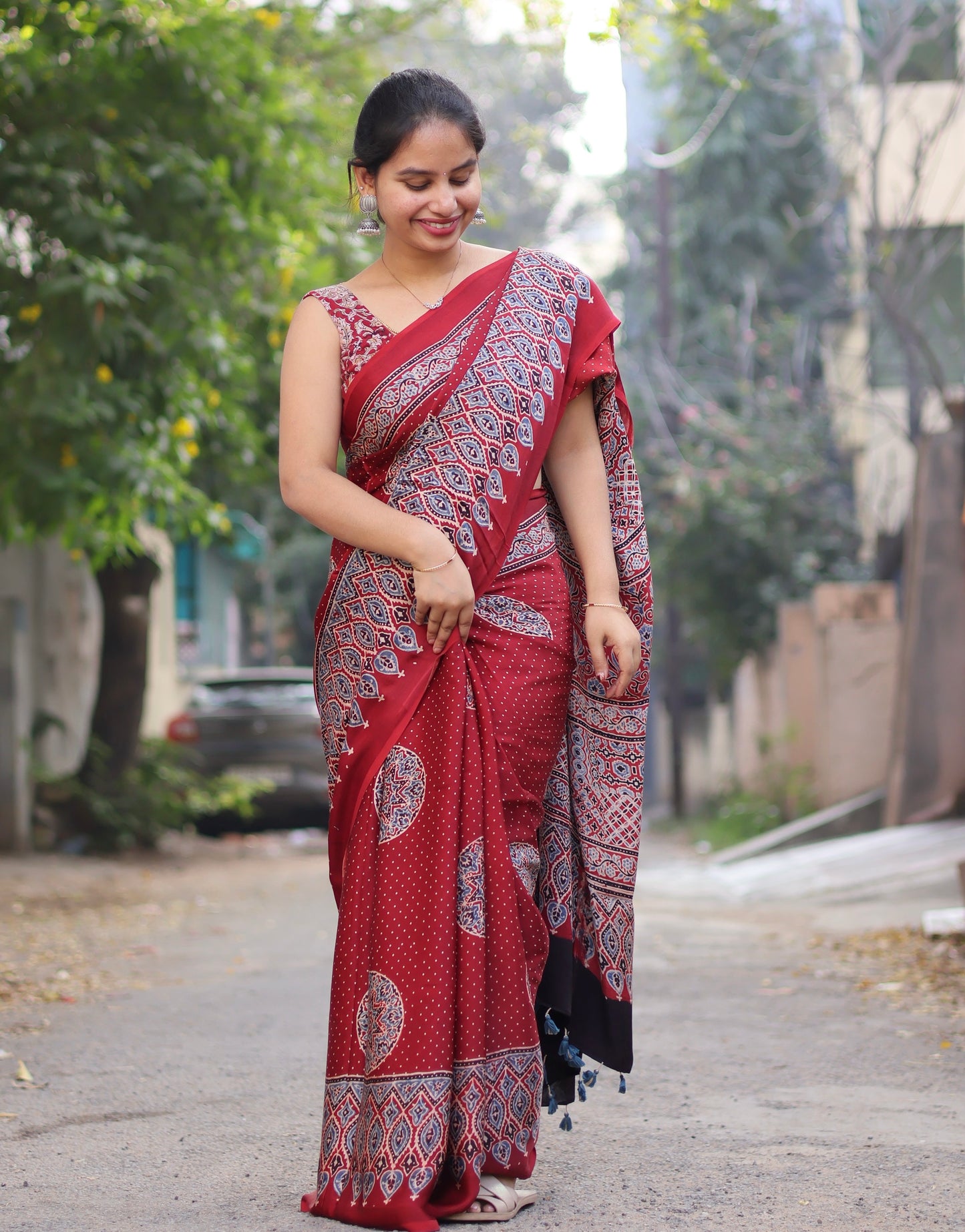 Red Ajrakh Modal Silk Saree