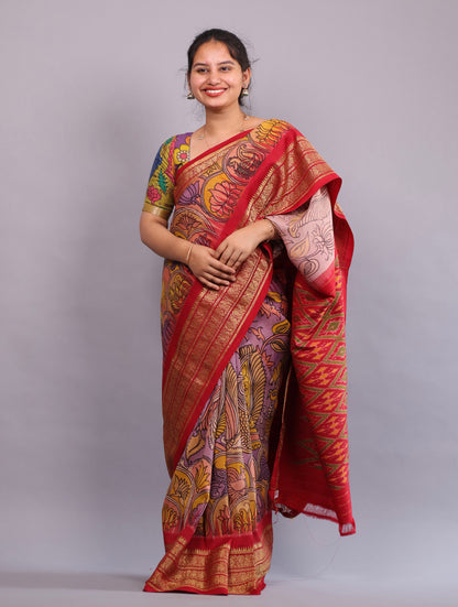 Lavender Kanchi Pattu Hand Painted Pen Kalamkari Saree