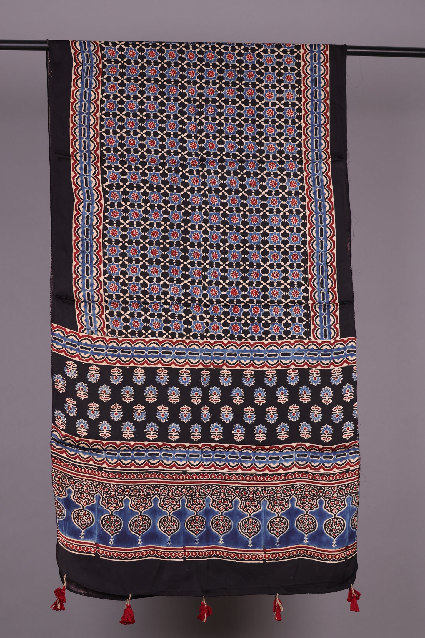 Black Ajrakh Hand Block Printed Modal Silk Stole | Looms & Tassels