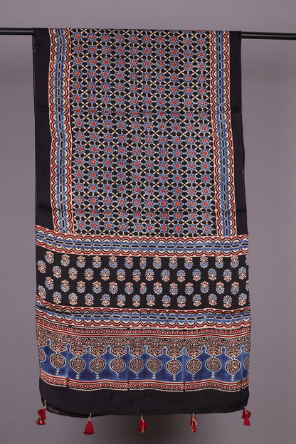 Black Ajrakh Hand Block Printed Modal Silk Stole | Looms & Tassels