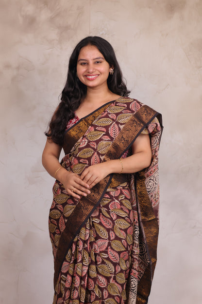 Brown Hand Block Printed Kalamkari Kanchi Border Silk Saree
