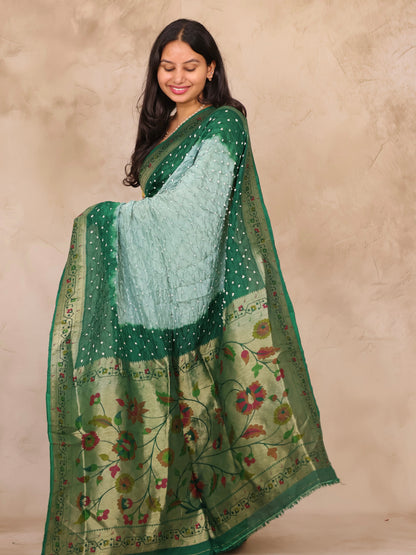 Green & Peach Handcrafted Bandhani Paithani Dola Silk Saree | Looms & Tassels