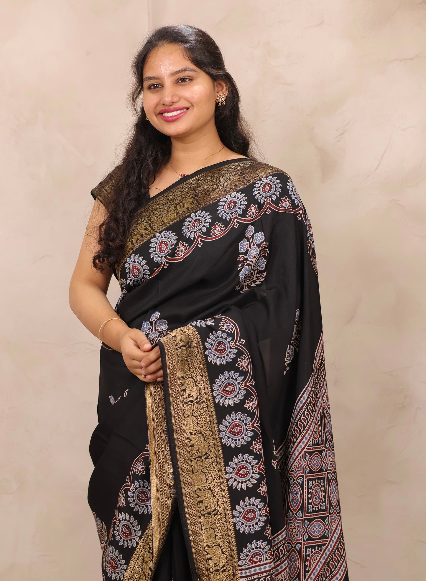 Black Ajrakh Handblock printed Dola Silk Saree | Looms & Tassels