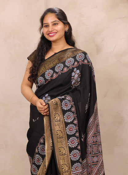 Black Ajrakh Handblock printed Dola Silk Saree | Looms & Tassels