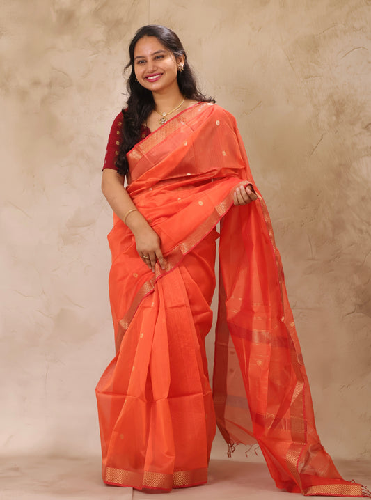 Pastel Orange Handloom Maheswari Silk Cotton Sarees | Looms & Tassels