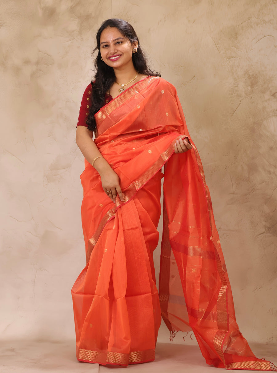 Pastel Orange Handloom Maheswari Silk Cotton Sarees | Looms & Tassels