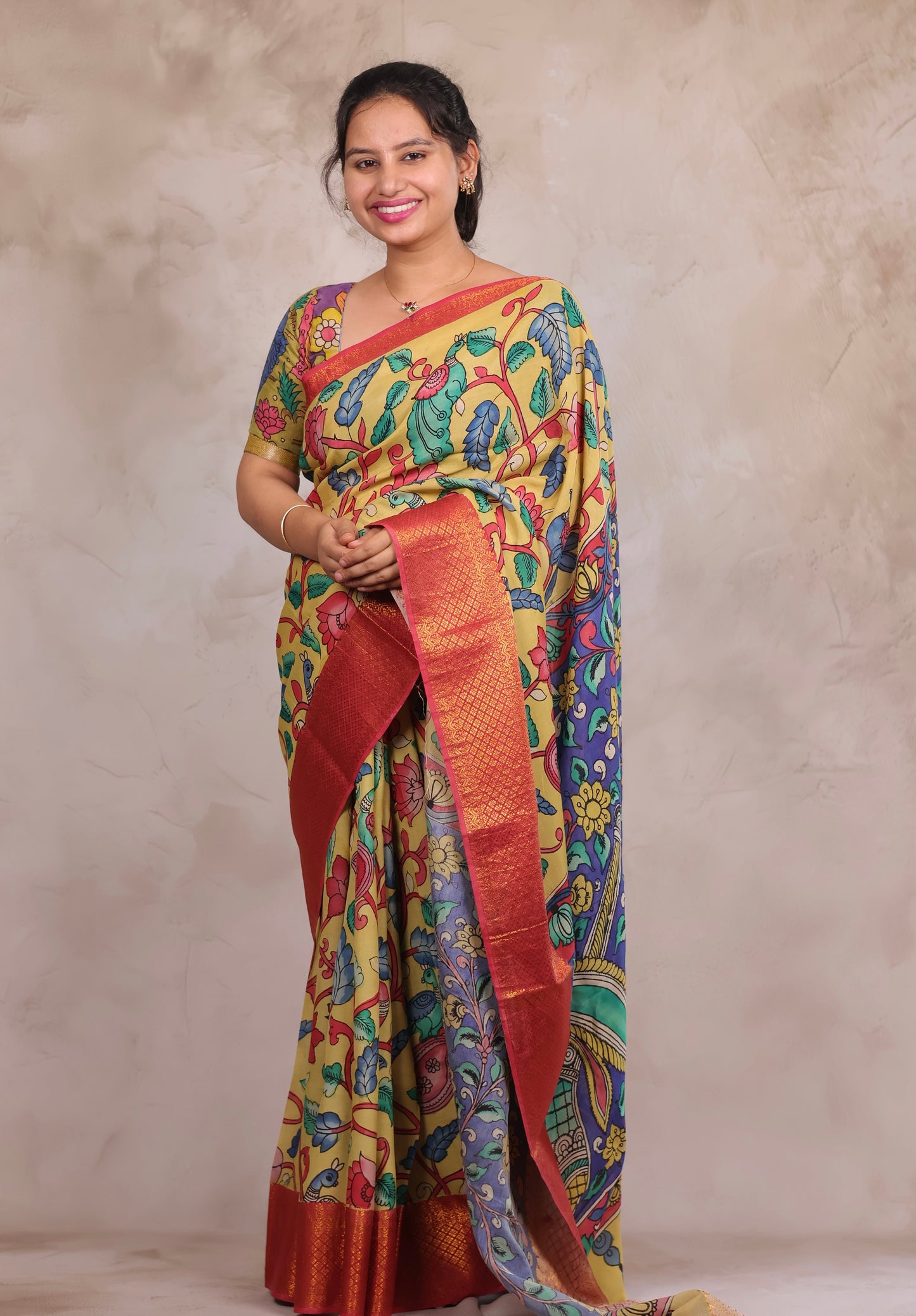 Hand Drawn Pen Kalamkari Light Yellow And Red Bangalore Silk Kanchi Border Saree | Looms & Tassels