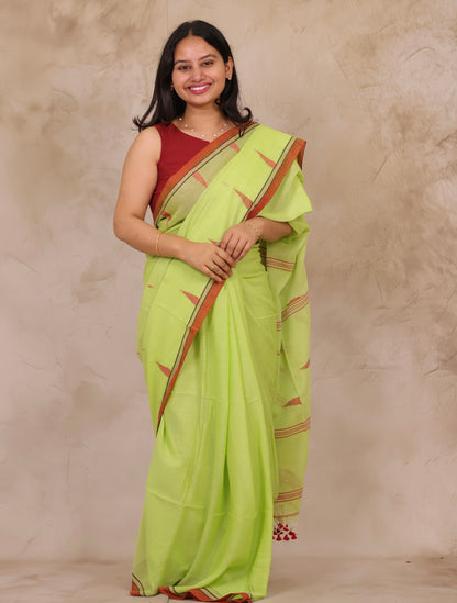 Pastel Handwoven Malai Cotton Saree| Looms & Tassels