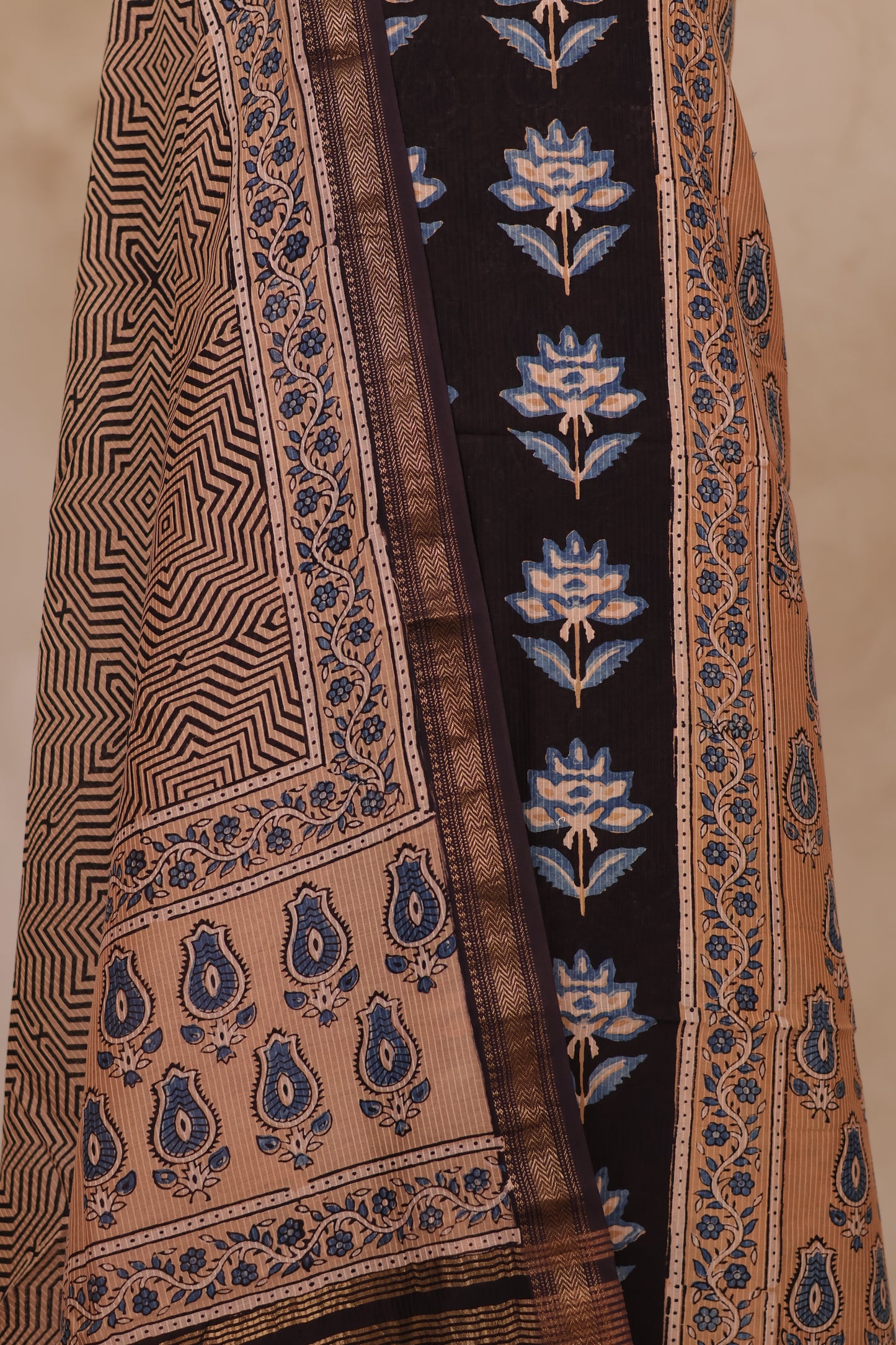 Maheswari Silk Cotton Ajrakh Handblock Printed 2 Piece Suit Set | Looms & Tassels
