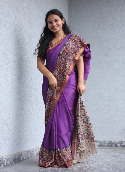 Violet Kalamkari dyeing premium chennur silk with hand block print saree