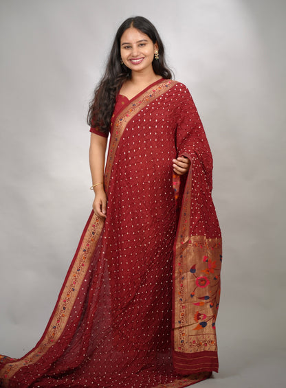 Maroon Handcrafted Bandhani Paithani Dola Silk Saree | Looms & Tassels