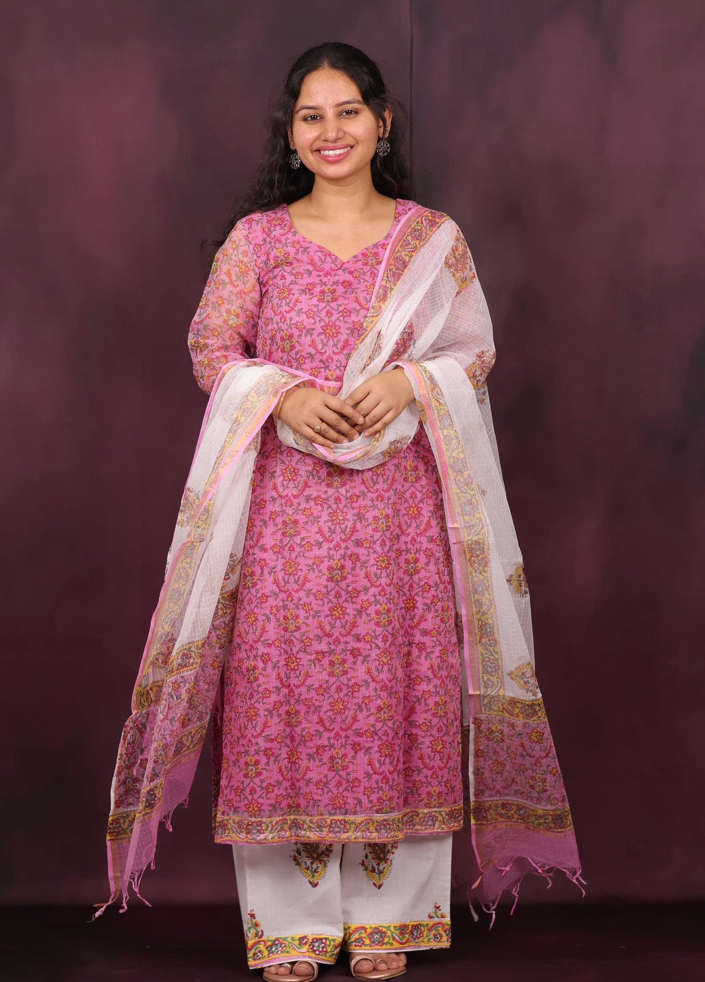 Pink Handblock printed kota 3 piece suit (stitched)