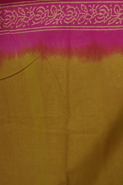 Lemon Green & Pink Bagru Handblock printed MulMul cotton saree | Looms & Tassels