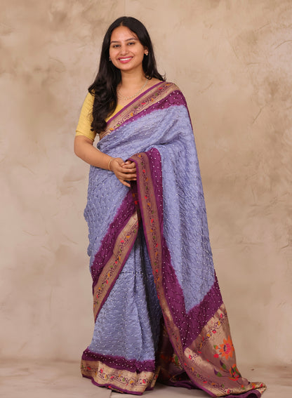 Lavender Blue & Purple Handcrafted Bandhani Paithani Dola Silk Saree | Looms & Tassels