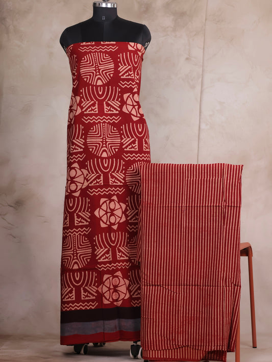 Maroon Ajrakh Handblock Printed Pure Cotton 2 Piece Suit Set | Looms & Tassels