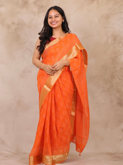 Orange Chiffon Hand Block Printed Saree with Jari Border | Looms & Tassels