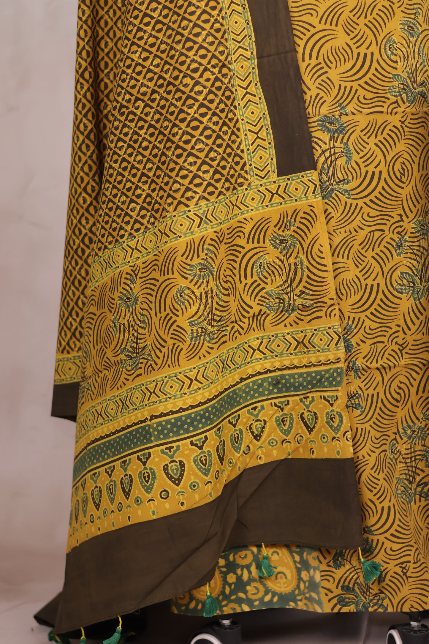 Yellow Ajrakh Handblock Printed Pure Cotton 3 piece suit set | Looms & Tassels