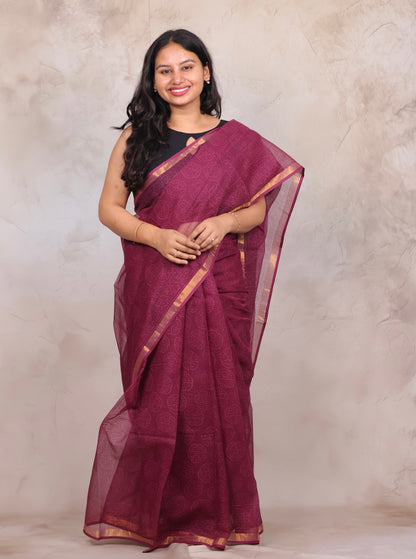 Pure Kota Doria Saree with Bagru Handblock Prints | Looms & Tassels