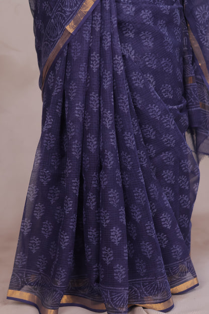Blue Pure Kota Doria Saree with Bagru Handblock Prints | Looms & Tassels
