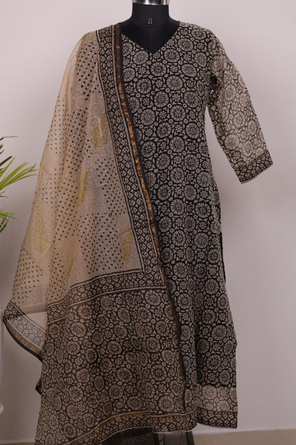 Black Handblock printed kota 3 piece suit (stitched)