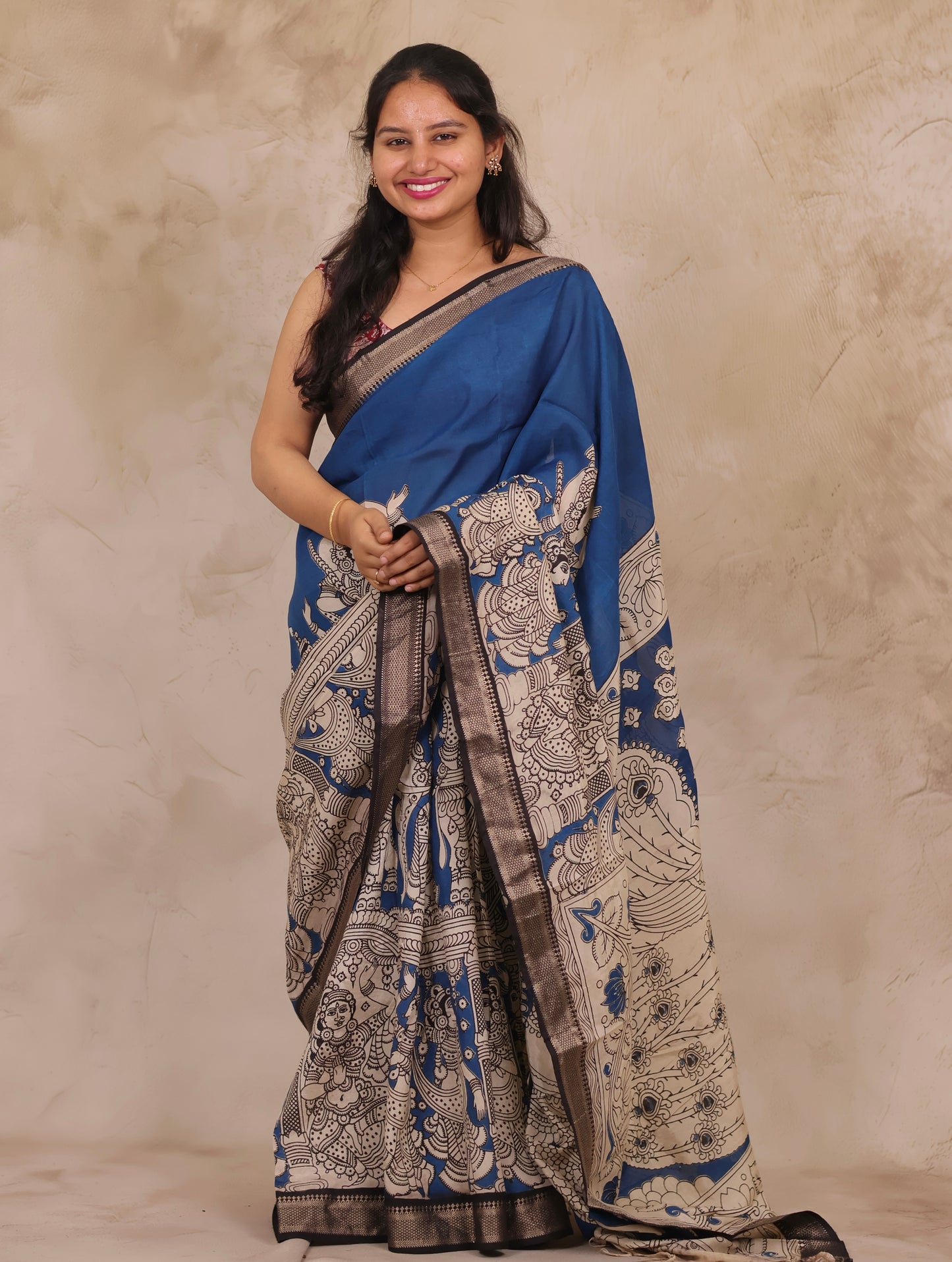 Cyan Blue Story Telling Kalamkari Nizam Border Chennur Silk Saree | Looms & Tassels