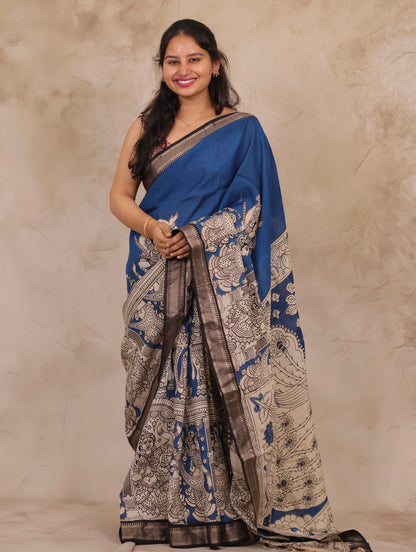 Cyan Blue Story Telling Kalamkari Nizam Border Chennur Silk Saree | Looms & Tassels