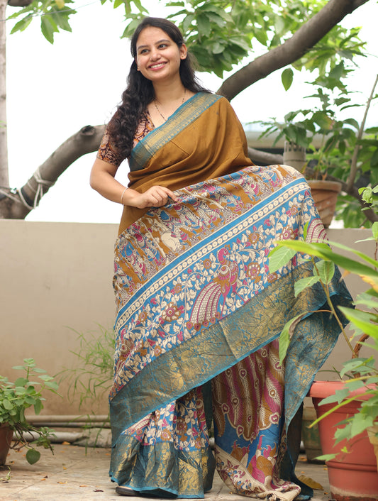 Mustard Kanchi border Kalamkari chennur silk saree