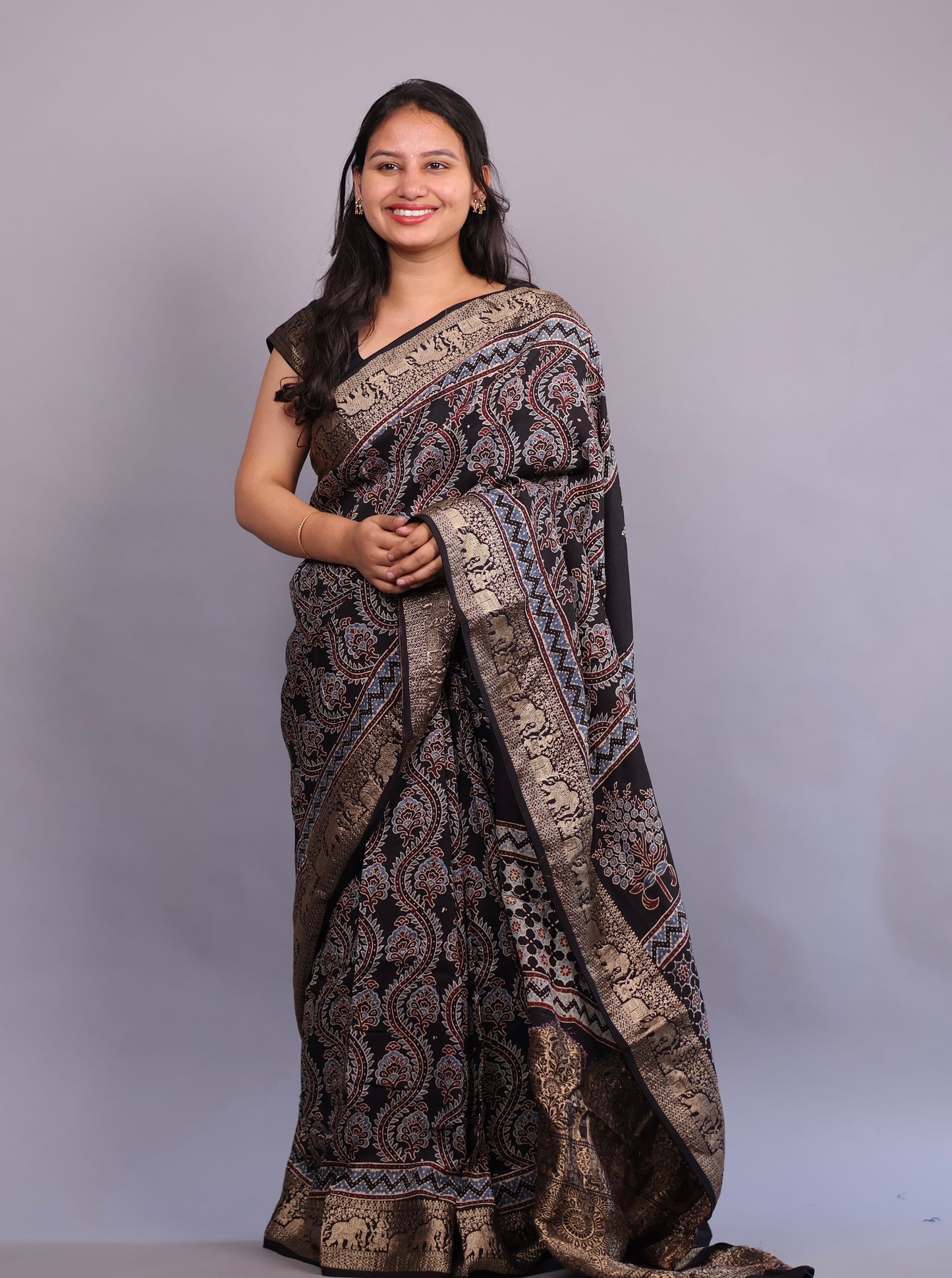 Black Floral Jal Motifs Ajrakh Handblock printed Dola Silk Saree | Looms & Tassels