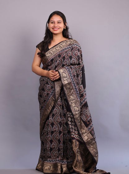 Black Floral Jal Motifs Ajrakh Handblock printed Dola Silk Saree | Looms & Tassels