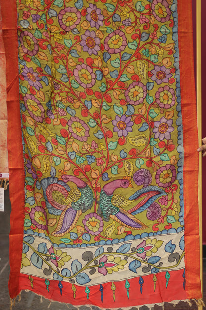 Green Pen Kalamkari chennur silk duppata